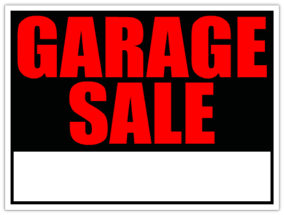 Red, black and white traditional garage sale sign with a space to write your address. 